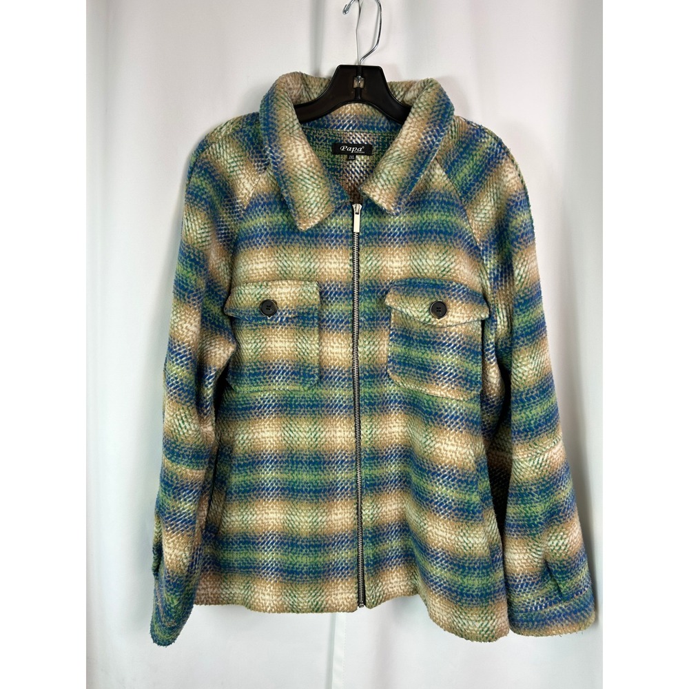 Papa Vancouver Blue Tan Chevron Plaid Full Zip Shacket Jacket Utility 2XL